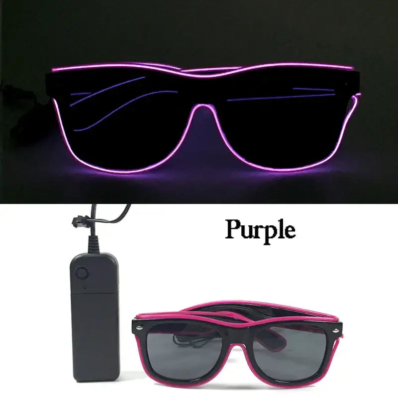 Purple glowing LED glasses with EL wire design and battery pack for parties and festivals.