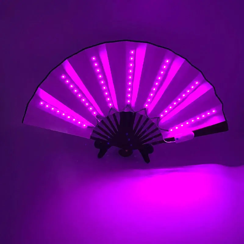 LED glow folding fan with vibrant purple lights, perfect for dance performances, festivals, and stage acts.