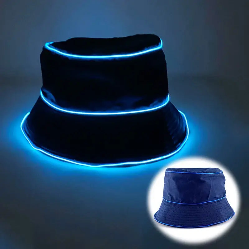 LED glowing bucket hat with neon light, perfect for beach parties and raves, shown in dark and illuminated blue light.