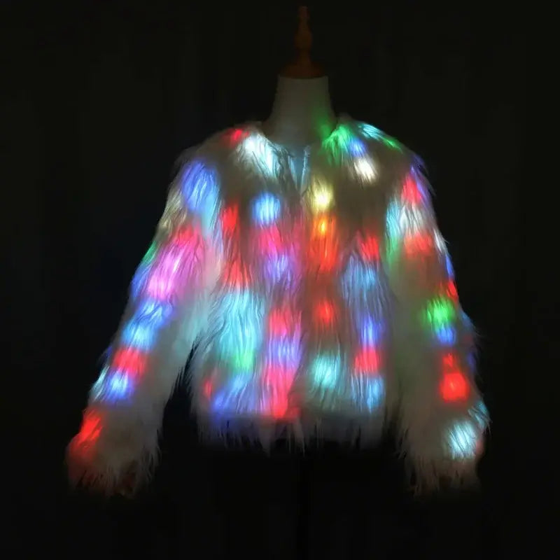 LED multi-color faux fur coat glowing with vibrant lights for raves, festivals, and cosplay events.