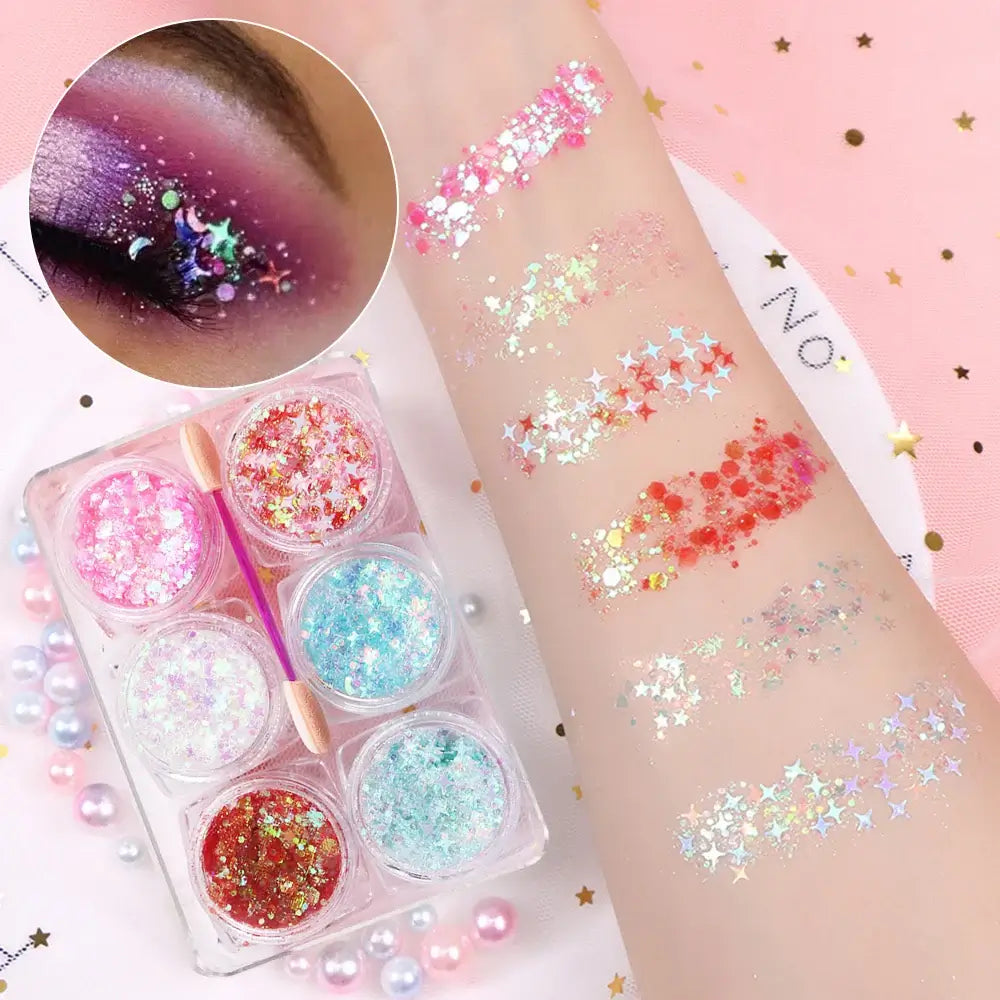 6 Jars Glitter Gel Set with swatches showing vibrant heart, star, and moon sequins for festival makeup on eyes, face, hair, and body.