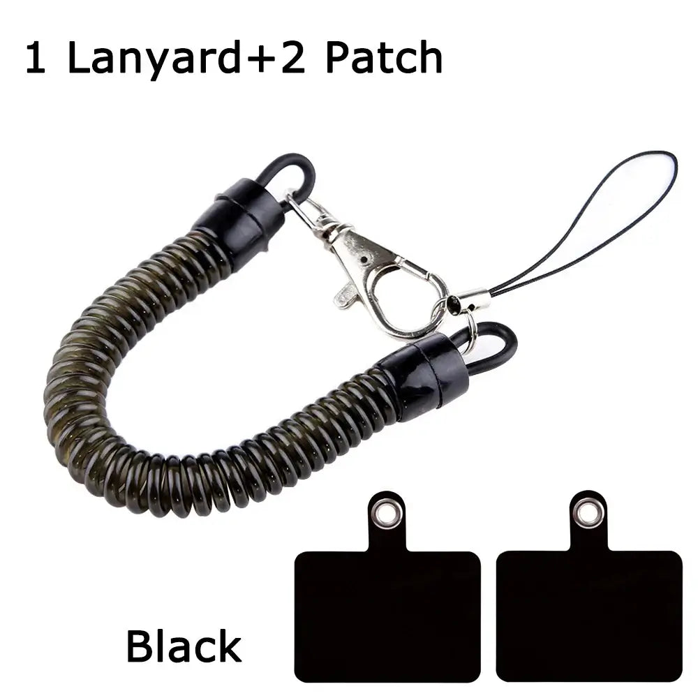 Black anti-theft spring lanyard phone strap set with detachable clip, includes two patches, perfect for festivals and raves.