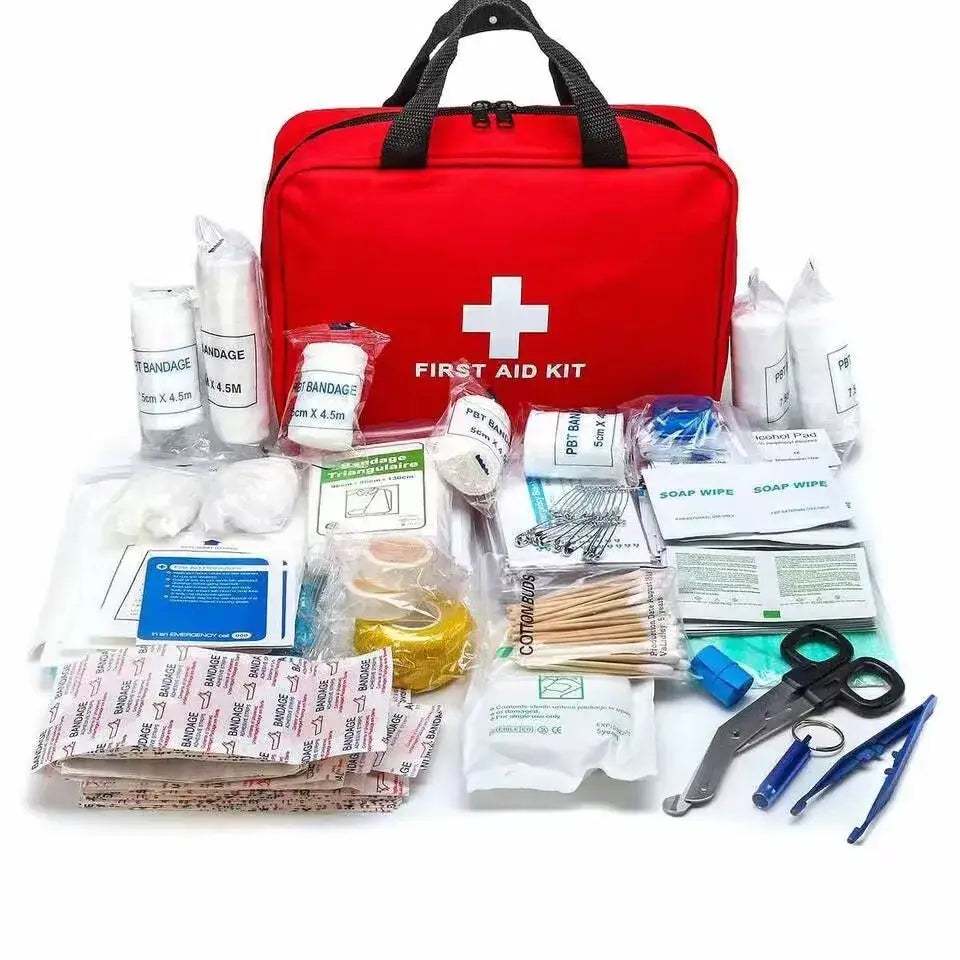 Red 184pcs first aid kit with various medical supplies from Mainland China, including bandages, scissors, and wipes.