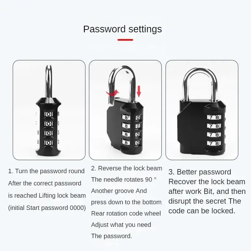 Heavy Duty 4-Digit Resettable Combination Padlock password settings and instructions for secure and convenient use.