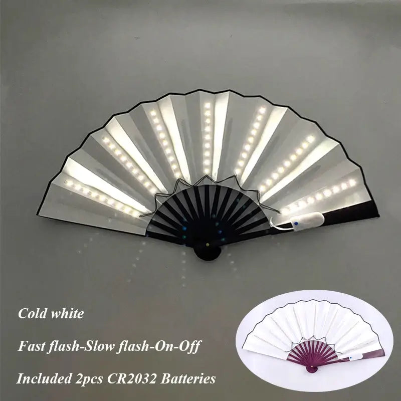 LED glow folding fan in cold white with fast flash features, includes CR2032 batteries, perfect for dance and stage performances.