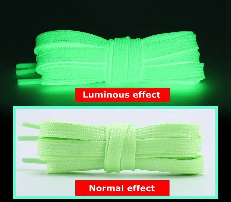 Luminous green shoelaces glowing in the dark compared to their normal effect in light, perfect for parties and night activities.