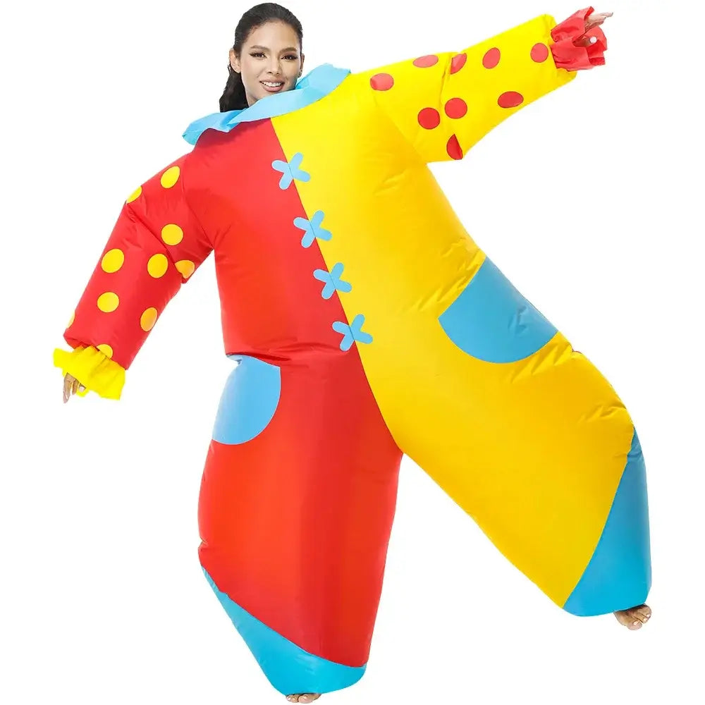 Vibrant inflatable clown costume for adults, perfect for festivals, dance parties, and events, made of durable polyester material.