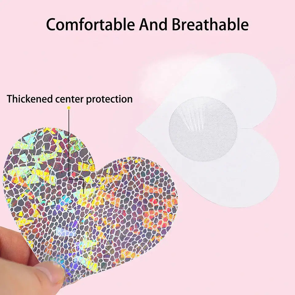 Glitter heart-shaped nipple pasties with thickened center protection, showcasing comfortable, breathable design. Ideal for festivals and parties.