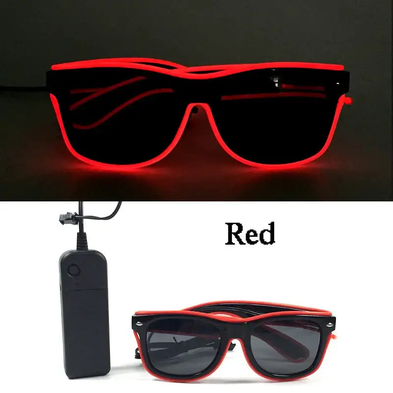 Red glowing LED rave glasses with EL wire design and battery pack, ideal for parties and events.