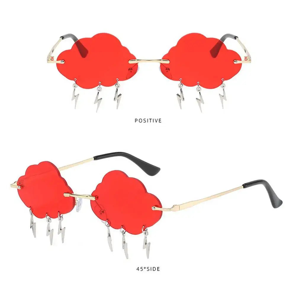 Retro red cloud-shaped sunglasses with lightning details and colorful rimless design for disco party. UV400 protection included.