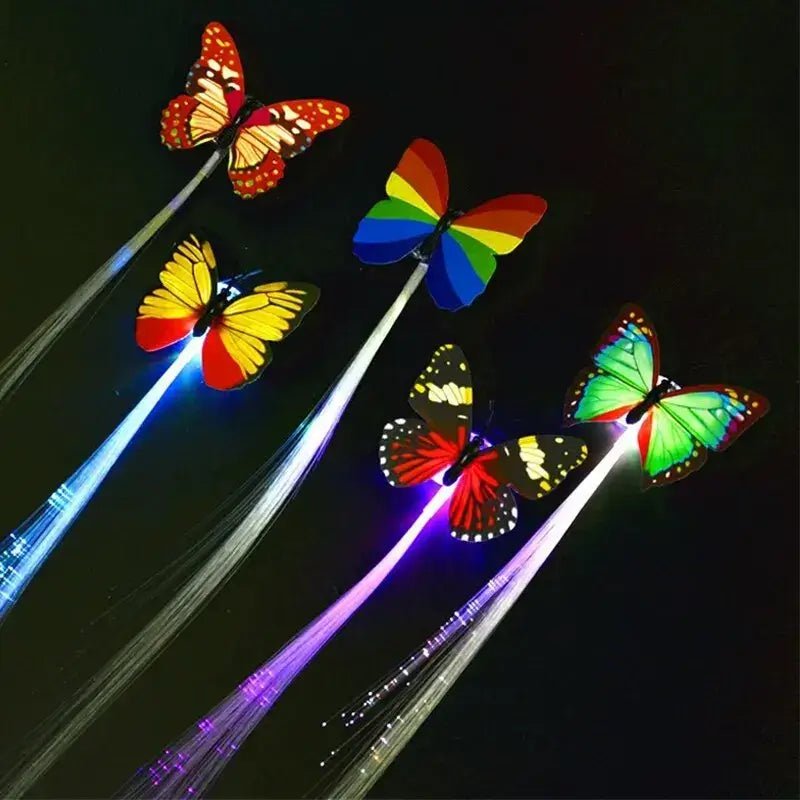 Colorful LED butterfly hair braids glowing in the dark with fiber optic lights for party hair decor.