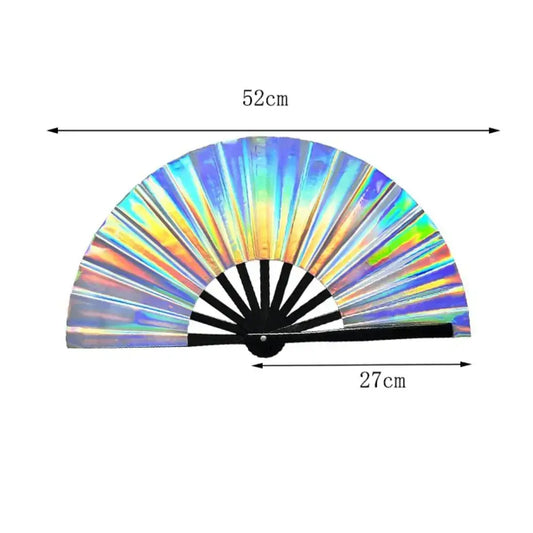 Gradient laser color kung fu hand fan with PVC bamboo handle, measures 52cm by 27cm, ideal for dance and disco events.