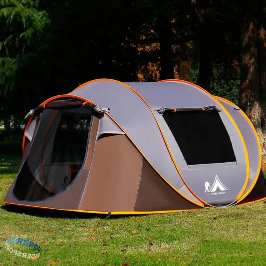 Ultralight automatic pop-up camping tent with windproof and rainproof features for 3-4 people, set up on grassy terrain.