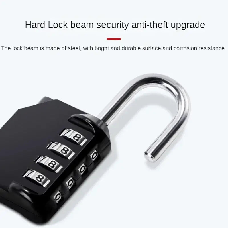 Heavy duty 4-digit resettable combination padlock with open shackle, showing hard lock beam for enhanced security and corrosion resistance.