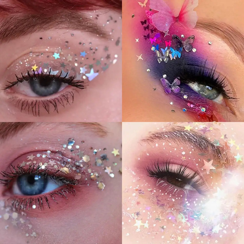 Glitter gel makeup on eyes with star, moon, and butterfly sequins for vibrant festival and party looks.