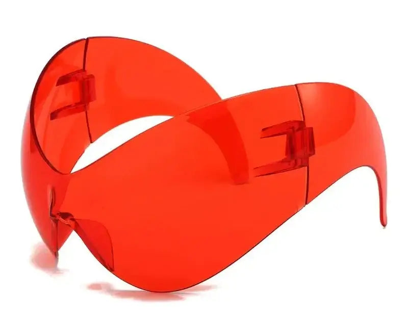 Y2K Oversized Wrap Sunglasses in red with UV400 protection, retro-futuristic shield style for festivals and raves.