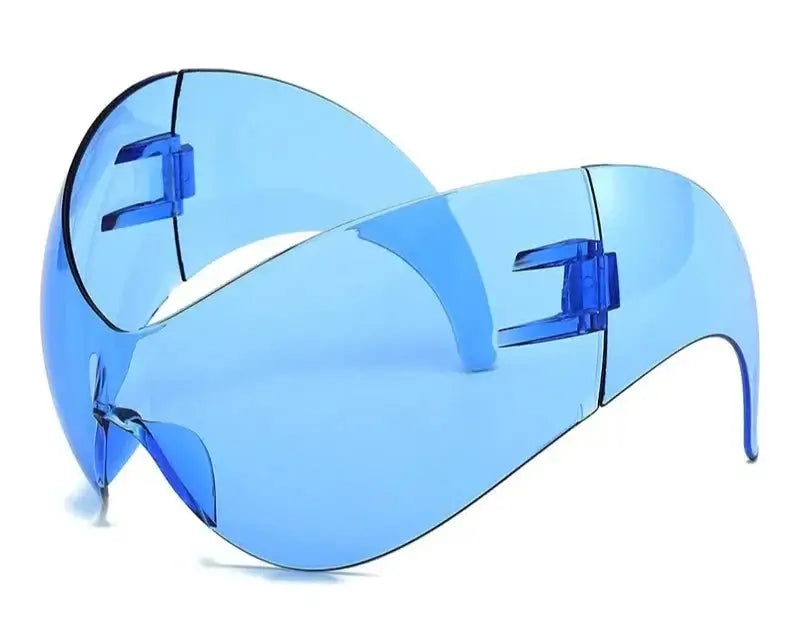 Blue Y2K oversized wrap sunglasses with UV400 protection, ideal for festivals and raves. Retro-futuristic shield design.