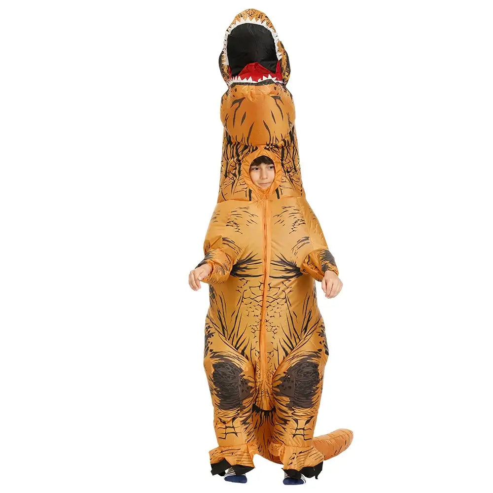 Inflatable T-Rex dinosaur costume for parties, cosplay, and festivals, featuring a built-in fan for easy inflation.