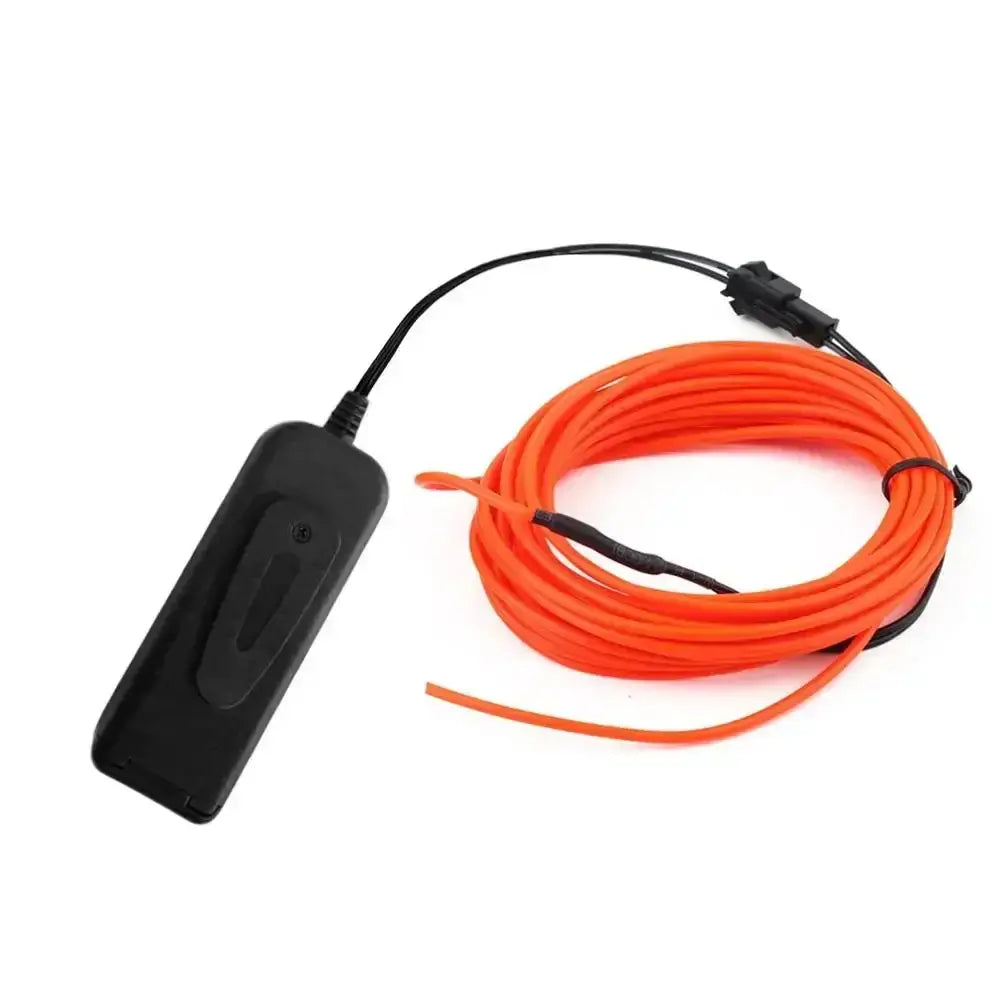 Vibrant orange EL wire LED neon glow cable with battery pack, ideal for DIY costumes and rave accessories.