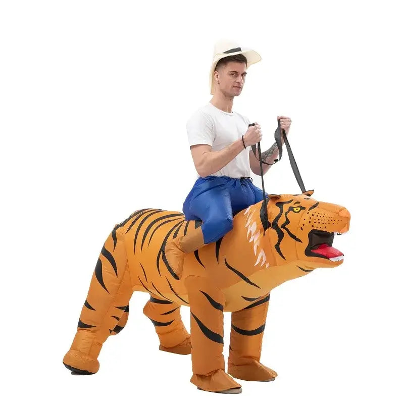 Adult in inflatable tiger costume, wearing a hat, perfect for festivals and events, featuring vibrant colors and durable polyester material.