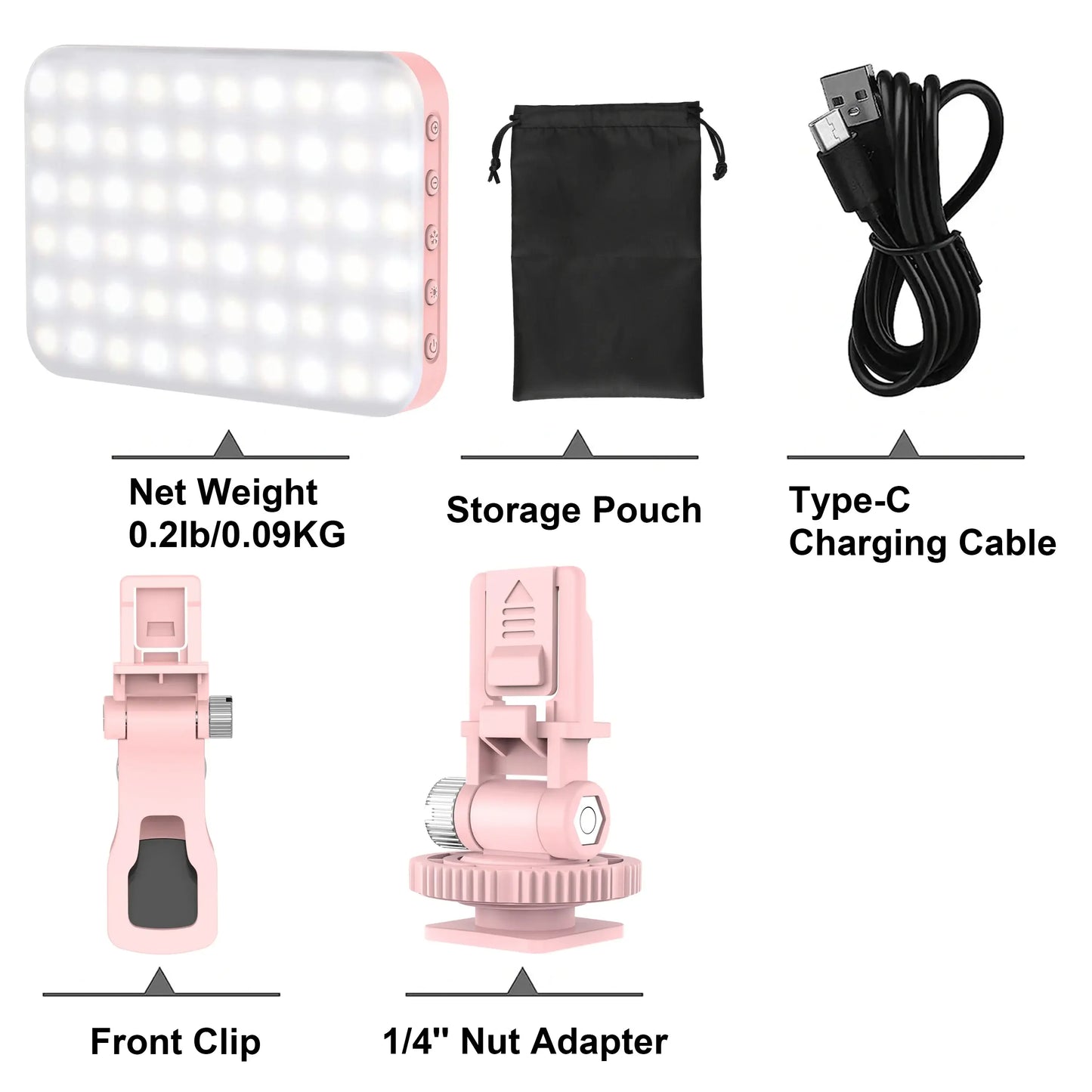 Portable LED Selfie Light with clip, pouch, Type-C cable, and adapter, ideal for selfies and vlogging.