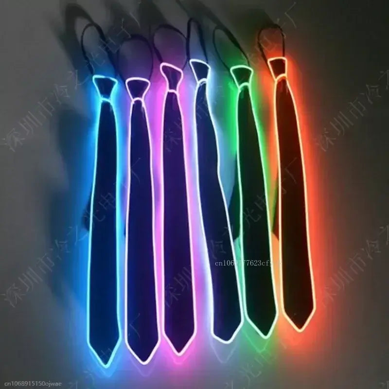 Vibrant LED neon glow ties in multiple colors, perfect for rave parties and festivals, battery-operated and eye-catching accessory.