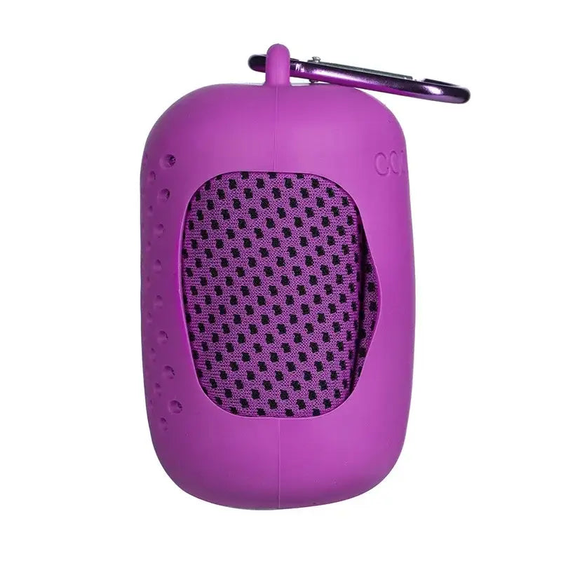 Purple portable speaker with a carabiner clip attached, featuring a mesh front design.