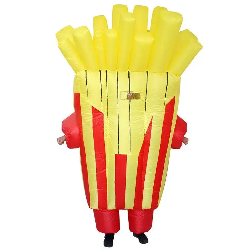 Adult wearing vibrant inflatable French fry costume for festivals, perfect for parties and events, easy to inflate and comfortable.