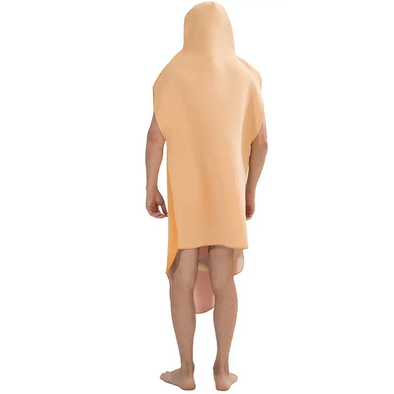 Adult wearing a funny hot dog costume with 3D sausage and bun print, ideal for festivals and events, showcasing the back design.