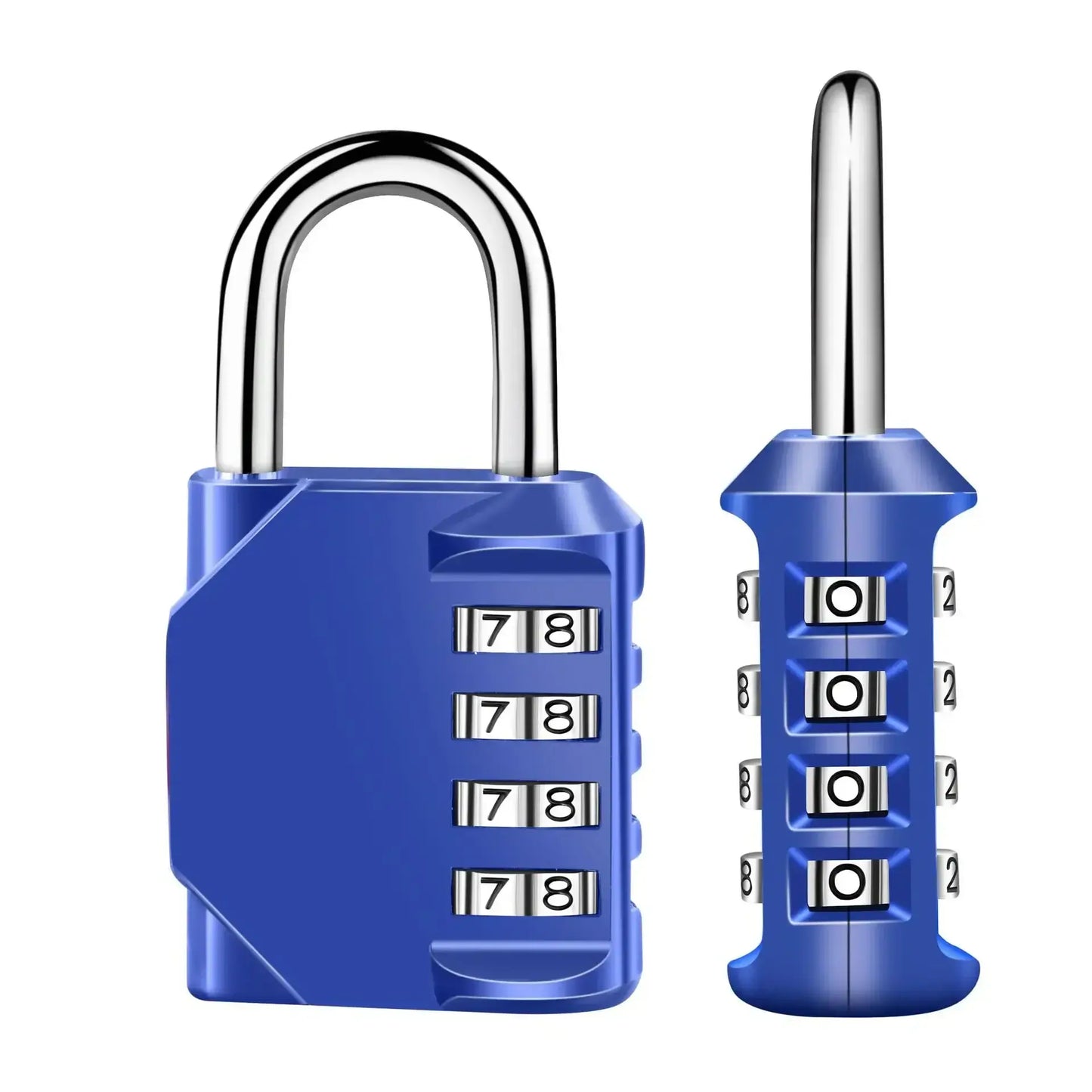 Blue heavy-duty 4-digit resettable combination padlock, ideal for outdoor use and security, weatherproof and rust-resistant.