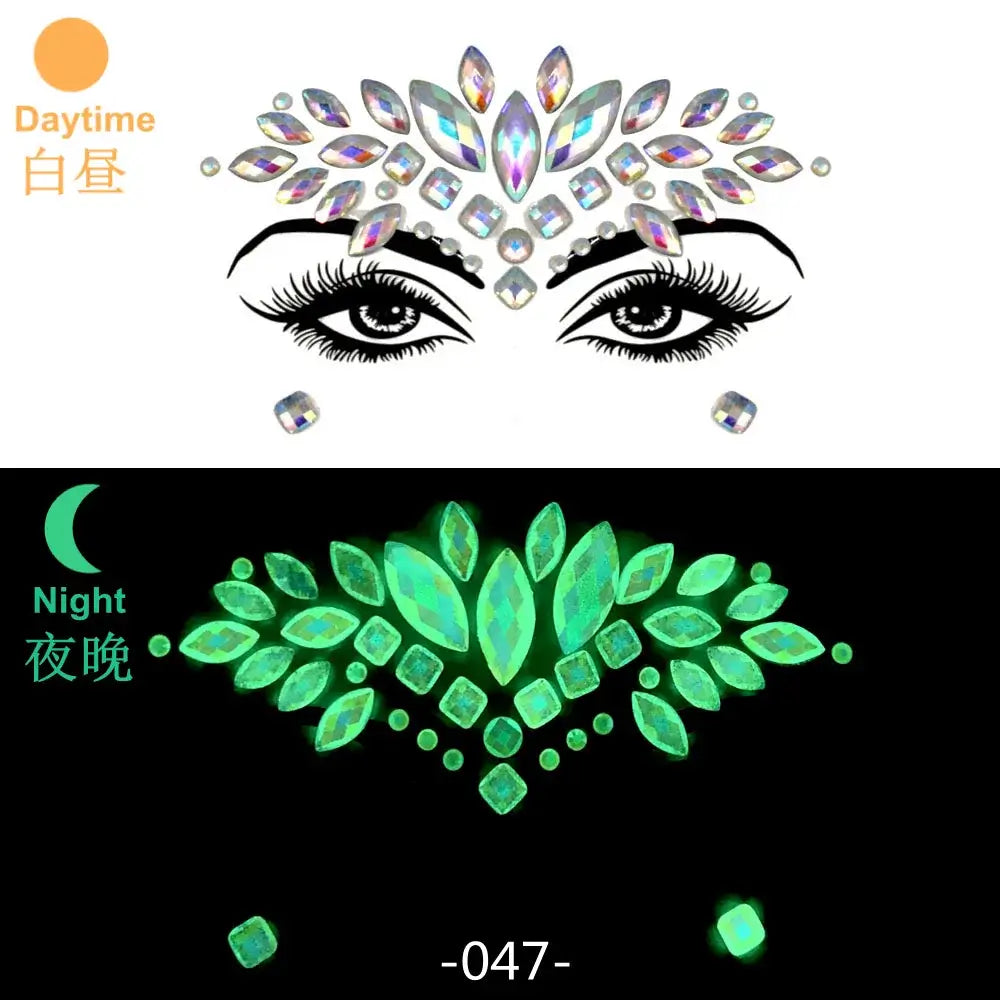 3D glowing rhinestone face stickers for festival makeup, showing luminous effect under UV light in day and night views.