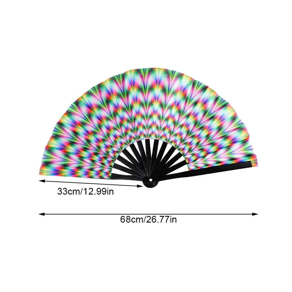 Gradient colorful reflective foldable rave fan, 68cm size, vibrant under UV light, ideal for festivals and parties.