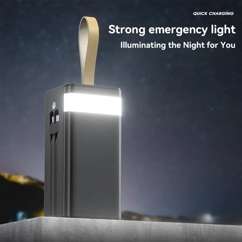 Xiaomi solar power bank with LED light and built-in cables, ideal for emergencies and outdoor use.