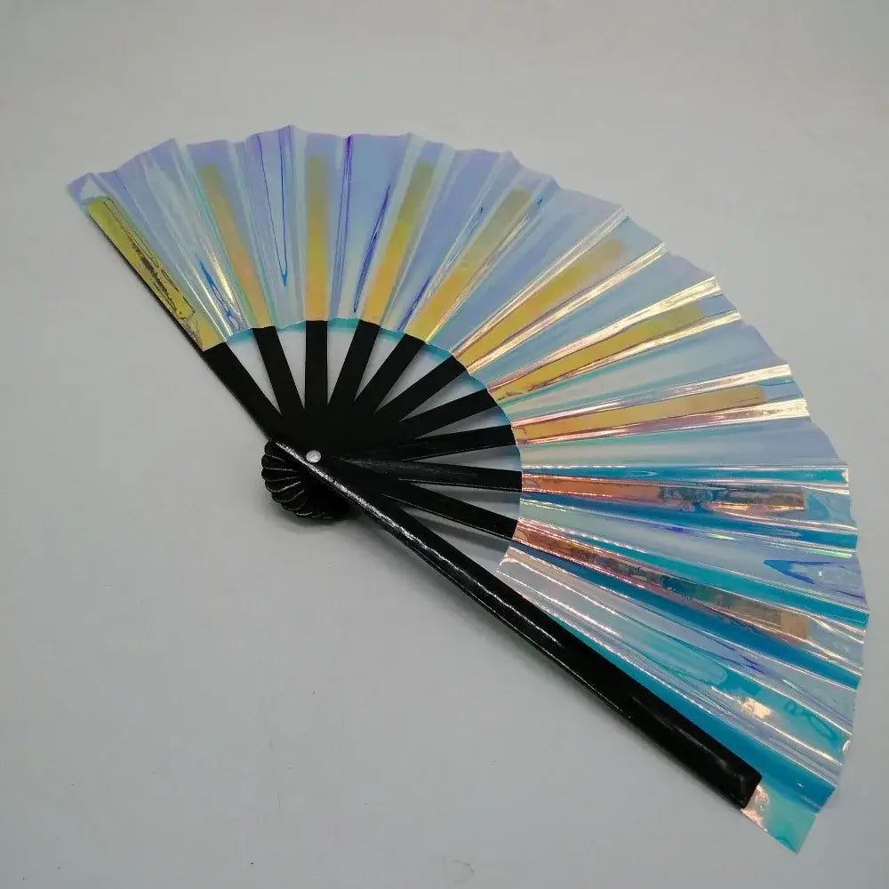 Gradient laser color kung fu hand fan with PVC bamboo handle, perfect for dance and disco events, expands to 27cm.