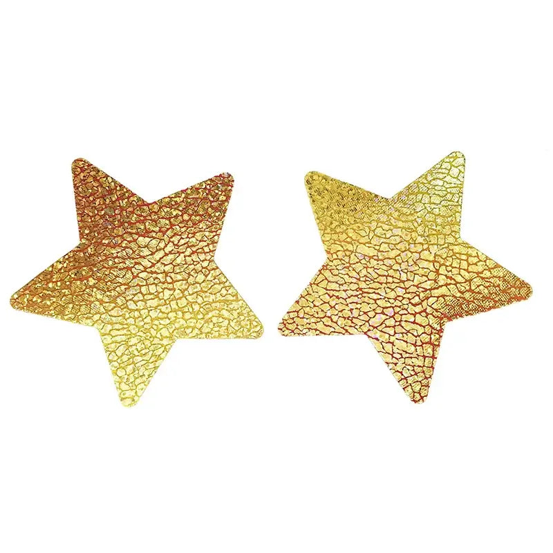 Gold star-shaped laser sequin nipple covers with adhesive backing for stylish coverage at parties and festivals.