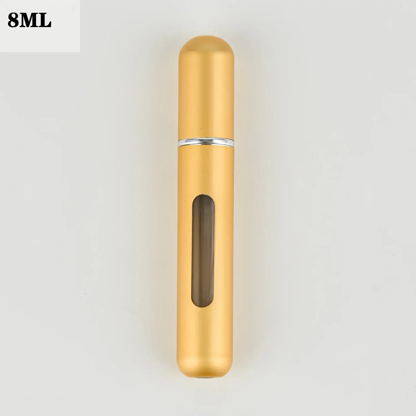 Gold 8ml refillable perfume atomizer bottle with transparent window for easy travel.