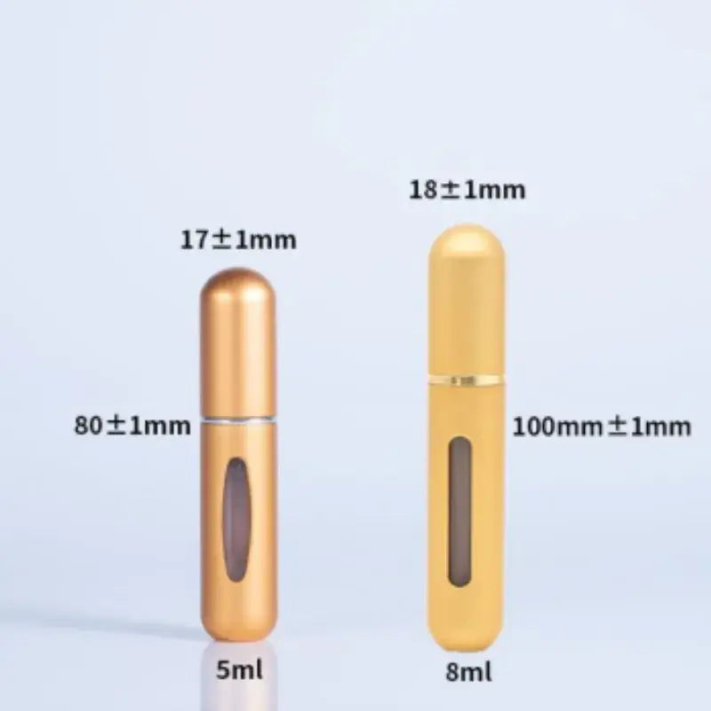 Portable Refillable Perfume Atomizer Bottles 5ml and 8ml with Size Dimensions Displayed