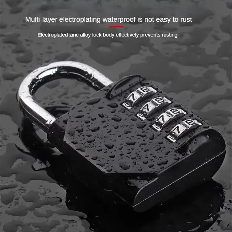 Waterproof 4-digit combination padlock with electroplated zinc alloy, perfect for outdoor use, shown with water droplets.