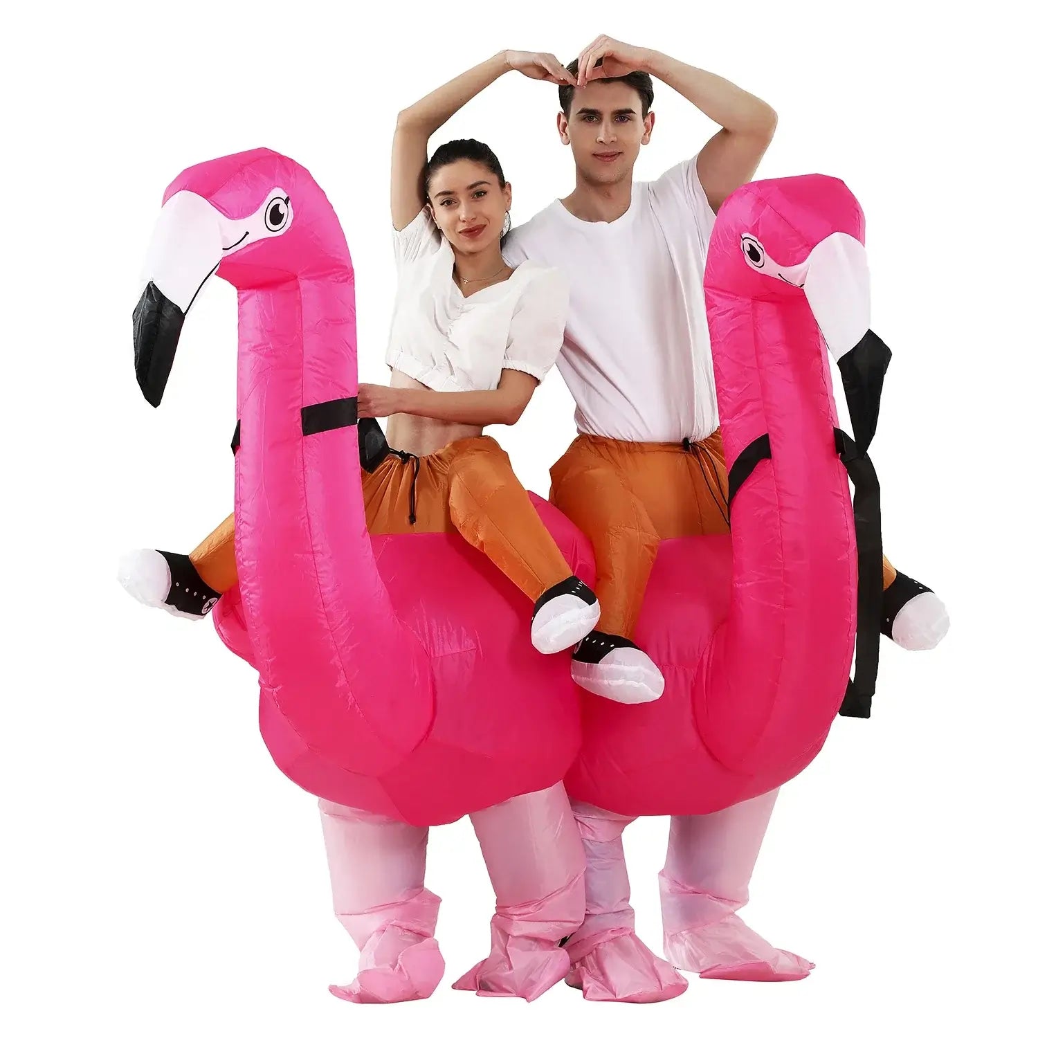 Two people wearing fun inflatable flamingo costumes for festivals and parties, perfect for cosplay and themed events.