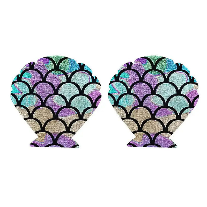 Laser-sequin shell-shaped nipple covers with colorful scales pattern in blue, purple, and gold.