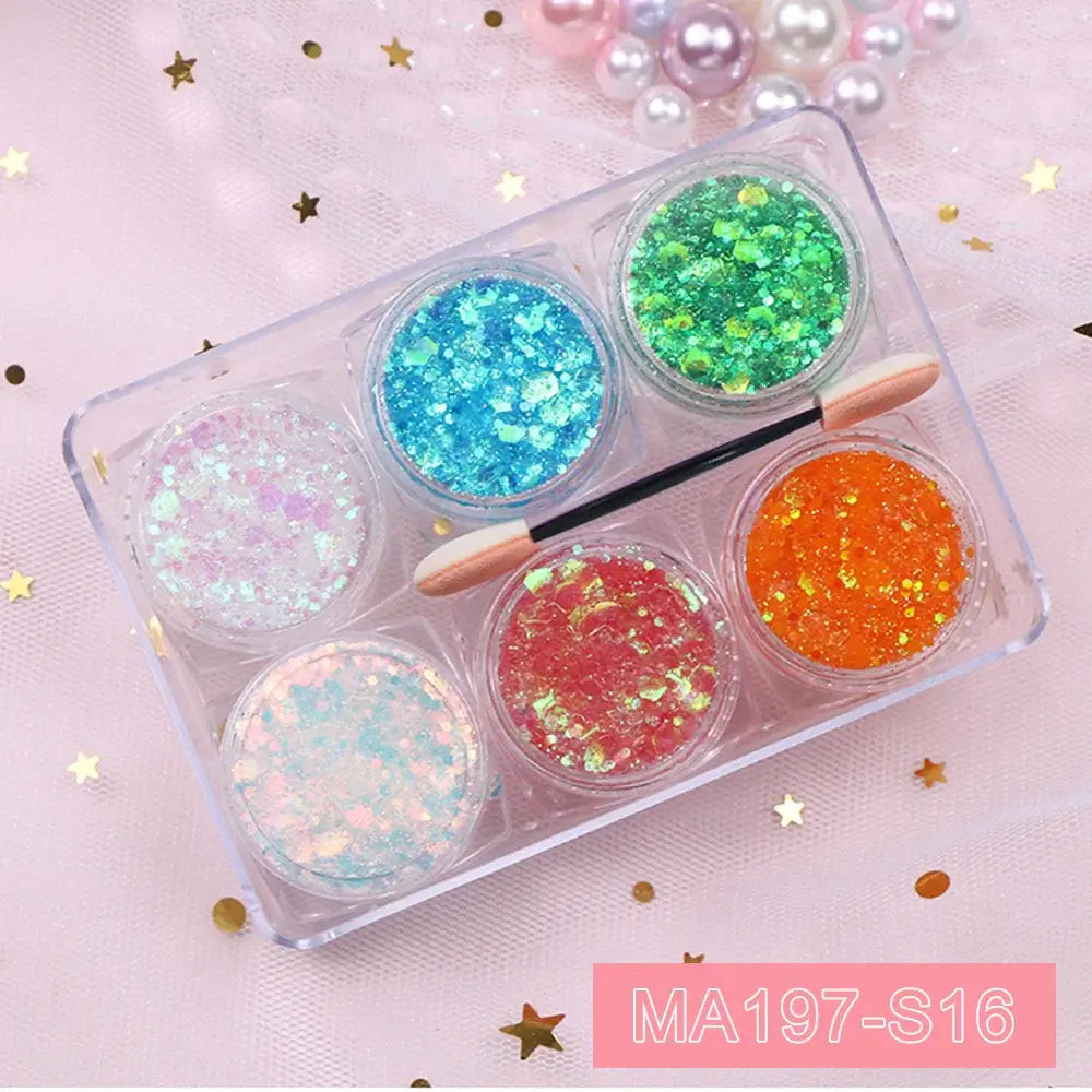 6 Jars Glitter Gel Set with hearts, stars, and moon sequins for face, hair, and body makeup; perfect for festivals and parties.