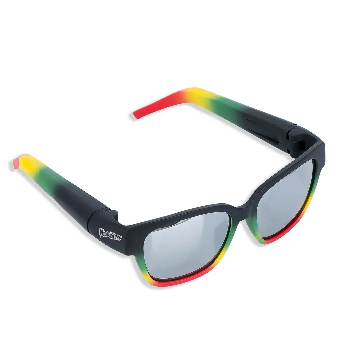 Stylish hidden storage sunglasses with red, yellow, and green frames, featuring a removable holder for discreet smoking accessory.