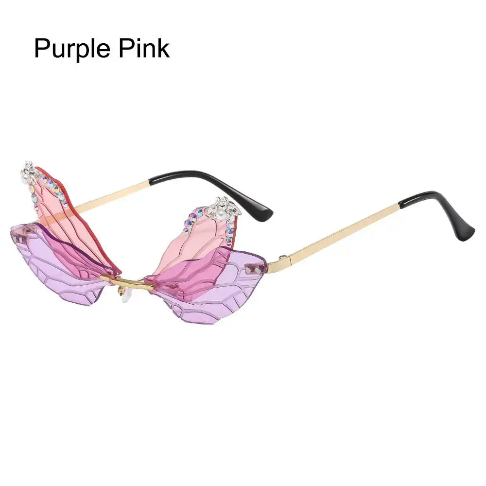 Purple Pink Dragonfly Wings Sunglasses with Diamond Embellishments, Luxury Fashion Bling for Parties.