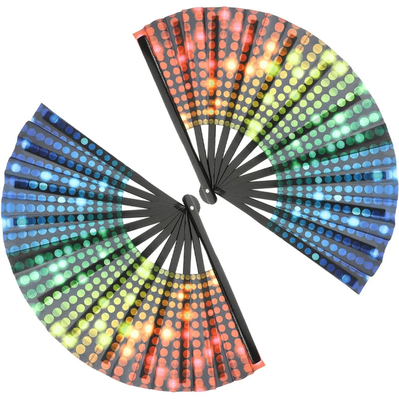 Vibrant gradient reflective foldable fan for festivals and performances, in rainbow colors with a polka dot pattern.