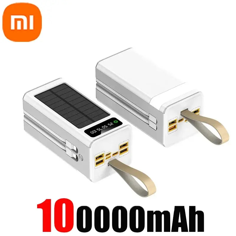 Xiaomi 100000mAh Solar Power Bank with built-in cables, LED light, multiple charging ports, and solar panel for outdoor use.