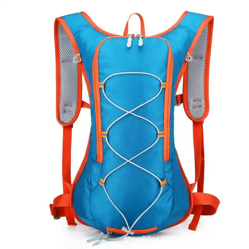 Blue and orange 2L hydration backpack for festivals and parties, featuring breathable mesh and durable nylon fabric.