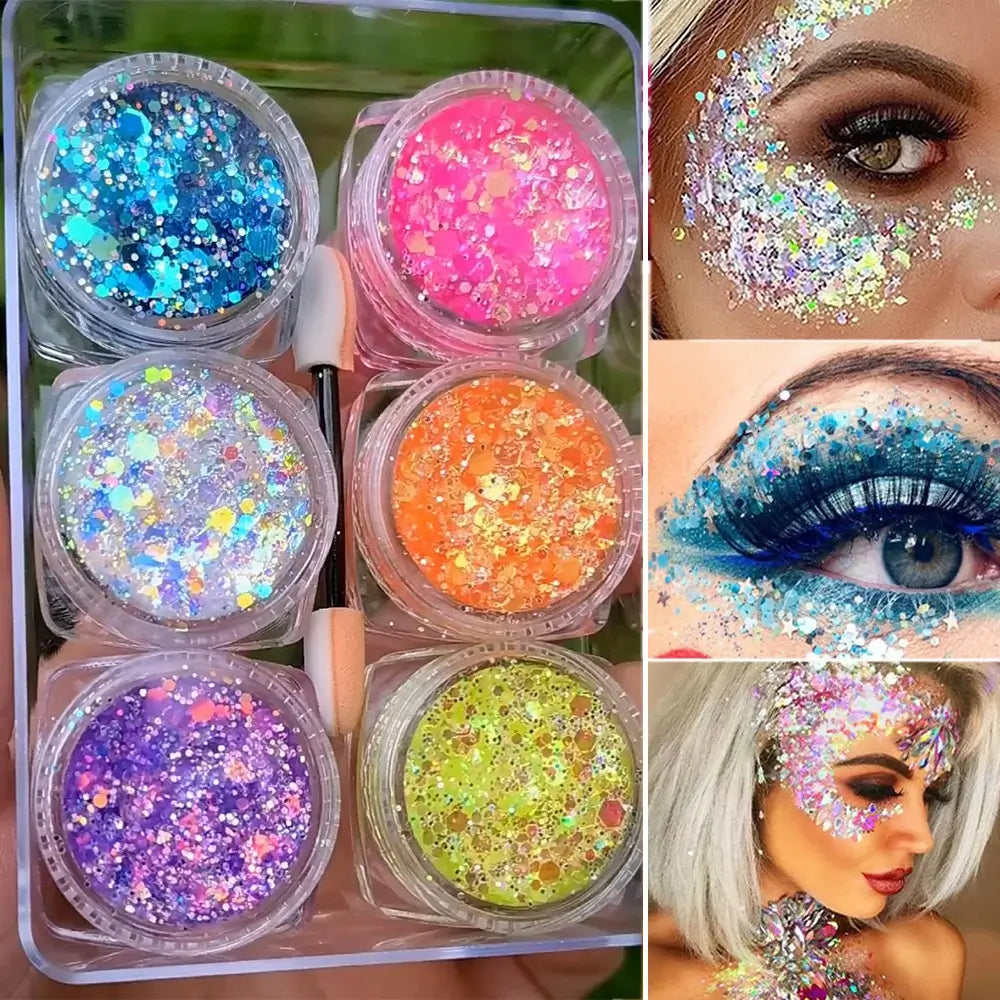 "6 Jars Glitter Gel Set for Face, Hair, and Body with Heart, Star, and Moon Sequins for Festival Makeup"