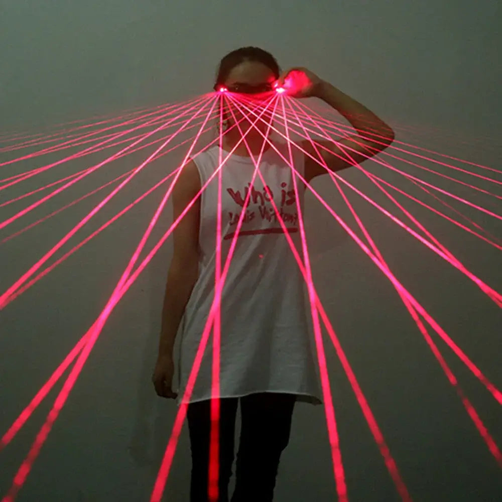 Person wearing red laser beam LED glasses at a rave party, showcasing eye-catching light effects.