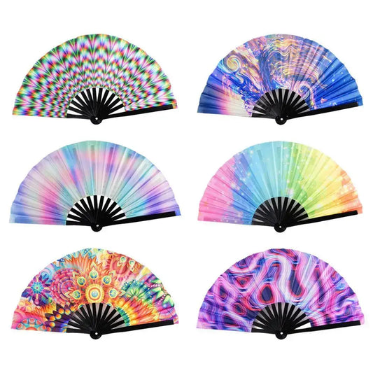 Gradient colorful reflective foldable rave fans in 12 styles, perfect for festivals and party dance, featuring vibrant designs.