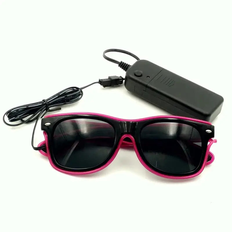 Pink outline LED rave glasses with battery pack, perfect for party decor and celebrations.